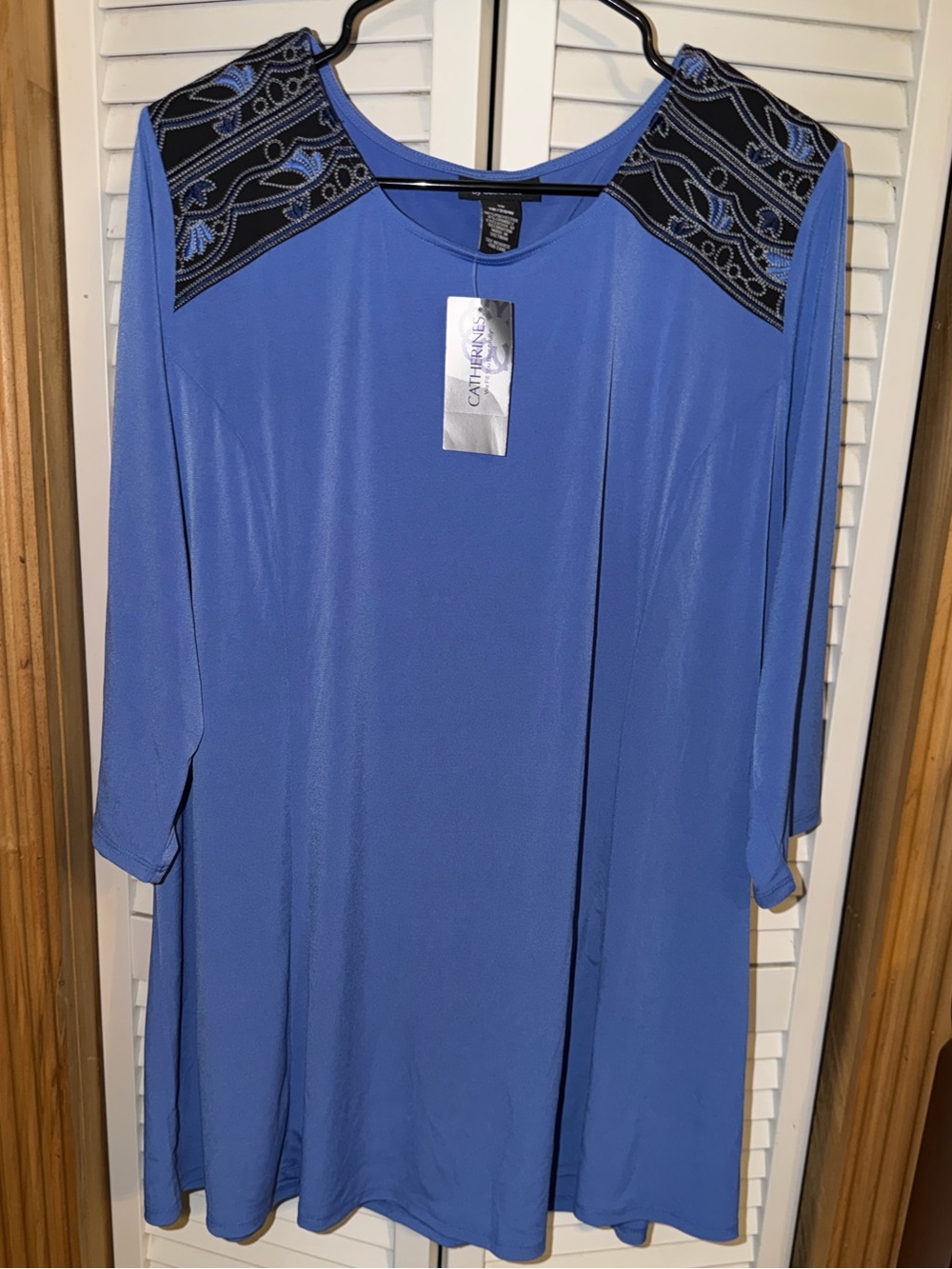 Cathrine’s Anywear Periwinkle Tunic with Embroidered Black Shoulder Panels